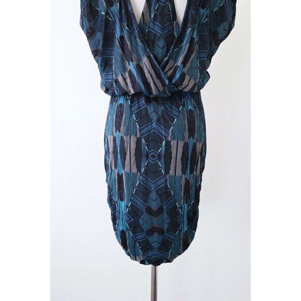 Dolce Vita Size M Geometric Print Dress Leather Cutout Back Ruched Teal Blue - Picture 11 of 13